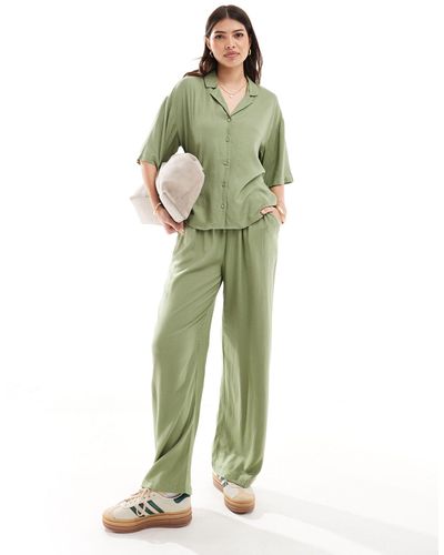 Vila Linen Touch Tie Waist Wide Leg Trousers Co-ord - Green