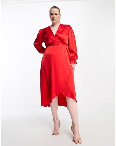 AX Paris Midi-jurk Van Satijn Met Lange Mouwen - Rood
