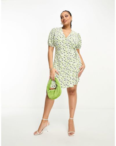 Glamorise Robe portefeuille courte à fleurs rétro avec manches courtes - vert