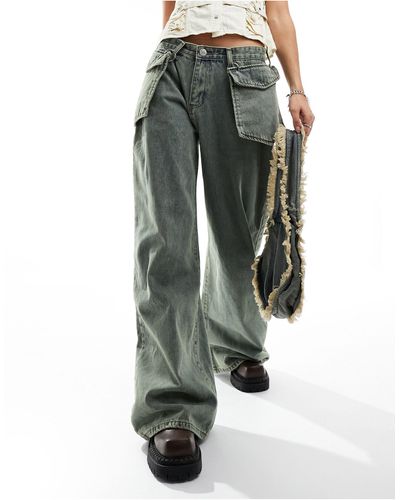 Liquor N Poker Jeans larghi a vita medio alta lavaggio effetto sporco con tasche oversize - Verde
