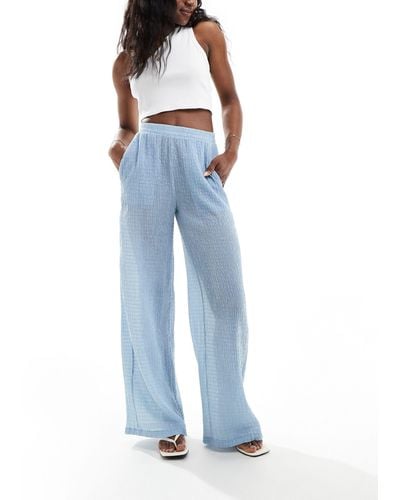 Bershka Crinkle Wide Leg Trousers - Blue