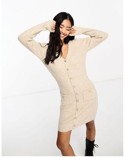 Morgan Long Sleeve Wool Mix Jumper Dress With Button Detail - Natural