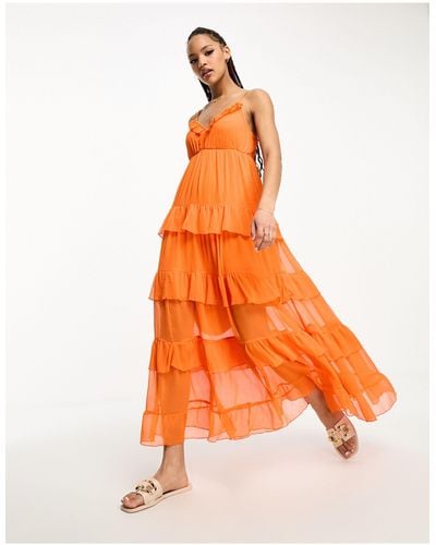 Vero Moda Maxi-jurk Met Ruches En Camibandjes - Oranje