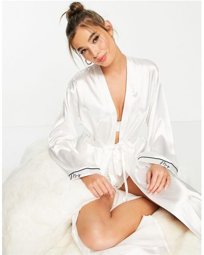 NIGHT Bride Mrs Satin Robe With Contrast Piping - White