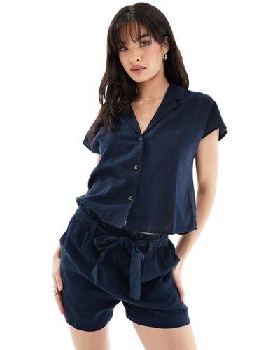 Jdy Short Sleeve Linen Shirt Co-ord - Blue