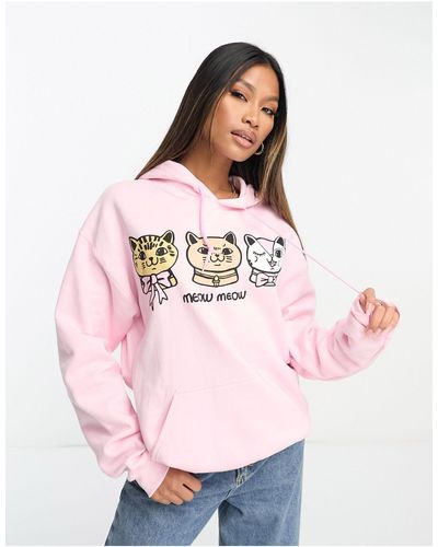 New Love Club Cropped Cat Graphic Hoodie - Pink