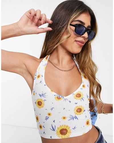 Glamorous – kurz geschnittenes, geripptes neckholder-oberteil mit sonnenblumen-motiv, kombiteil - Mehrfarbig