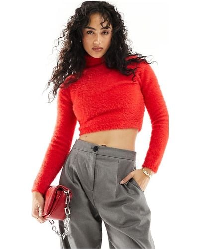 Pimkie Fluffy High Neck Cropped Jumper - Red