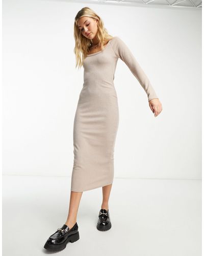 New Look Scoop Neck Ribbed Bodyconmidi Dress - Natural