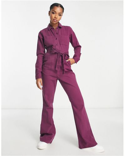 ASOS Long Sleeve Twill Boilersuit With Collar - Purple