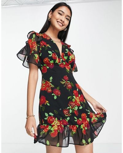 TOPSHOP Cow Girl Rose Print Mini Tea Dress - Black
