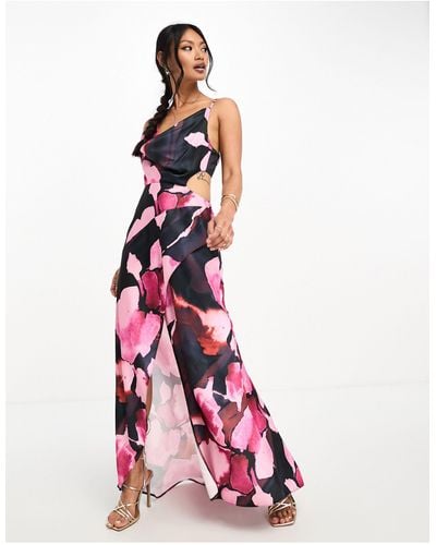ASOS Satin Cowl Midaxi Dress With Cut Out Waist And Graduated Hem - Pink
