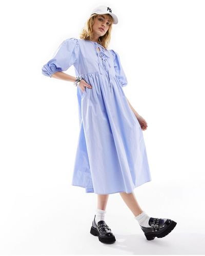 Glamorous Bow Tie Puff Sleeve Midi Smock Dress - Blue