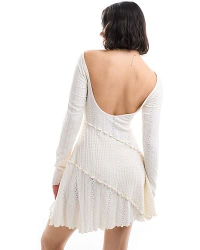 Miss Selfridge Mixed Texture Long Sleeve Scoop Back Mini Dress - White
