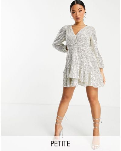 Forever New Ever New Petite Sequin Wrap Front Frill Hem Mini Dress - Grey