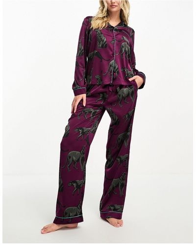 Chelsea Peers Exclusive Satin Panther Print Button Top And Trousers Pyjama Set - Red