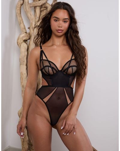 Wolf & Whistle X Michelle Domingos Mesh Strappy Plunge Body - Brown