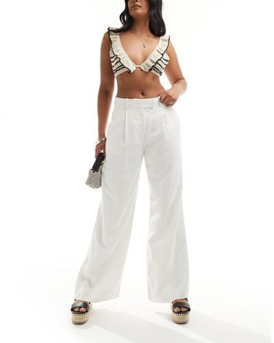Abercrombie & Fitch Ultra Wide Leg Linen Blend Trousers - White