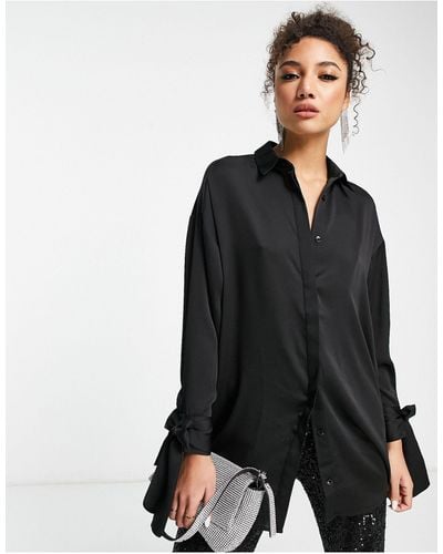 ASOS Oversized Satin Shirt With Tie Cuff Detail - Black