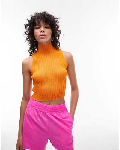 TOPSHOP Knitted Sheer High Neck Tank Top - Pink