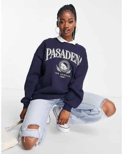 Pull&Bear Sweatshirt With Pasadena Slogan - Blue
