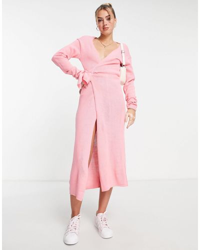 Glamorous Vestido midi rosa chicle estilo jersey cruzado y anudado en la cintura