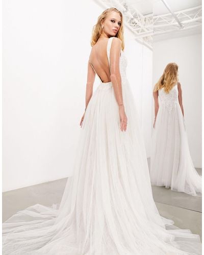 ASOS Sienna Bead And Embroidered Plunge Bodice Wedding Dress With Lace Underlay In - Natural