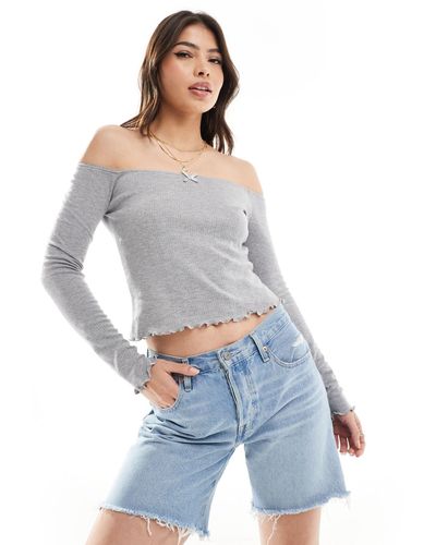 ASOS Off Shoulder Long Sleeve Top With Lace Trim - Blue