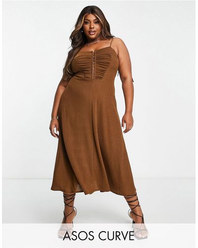 ASOS Asos Design Curve Textured Strappy Midi Tea Dress With Hook And Eye Detail - Brown