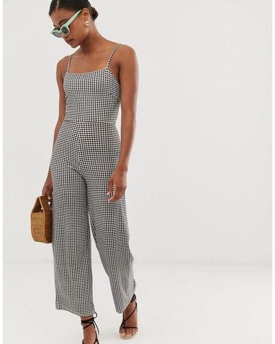 Stradivarius Gingham Check Jumpsuit With Back Bow - Grey