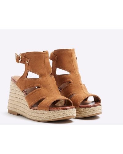 River Island Suedette Cut Out Wedge Sandals - Brown