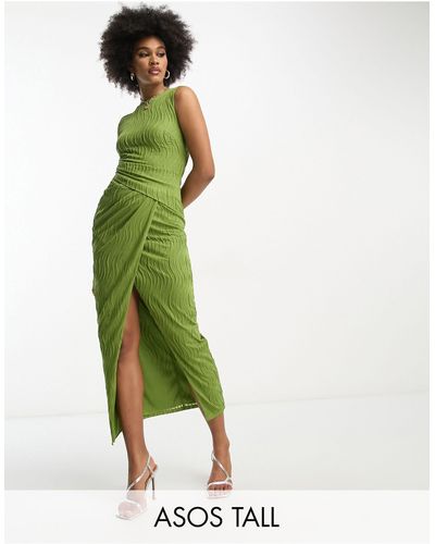 ASOS Asos Design Tall - Hoogsluitende Midi-jurk Met Textuur - Groen