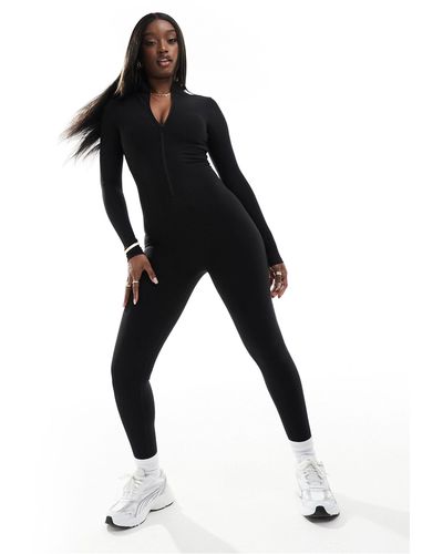In The Style Zip Up Long Sleeve Unitard - Black