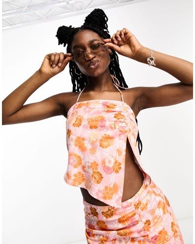 Another Reason Halterneck Crop Top With Split Front Co-ord - Orange