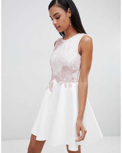 Lipsy Skater Dress With Lace Detail - White
