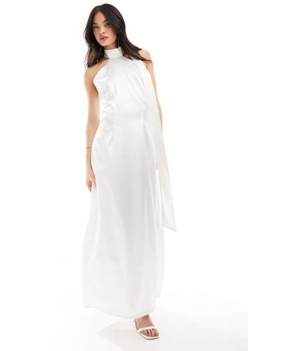 Y.A.S Bridal Satin Maxi Dress With Halterneck Drape Scarf Detail - White