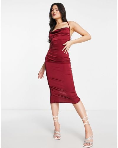 Naanaa Satin Slip Midi Dress With Cowl Front - Red