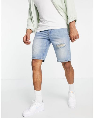 Only & Sons Loose Fit Denim Shorts With Rips - Blue