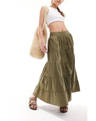 Miss Selfridge Button Through Tiered Prairie Maxi Skirt - Green