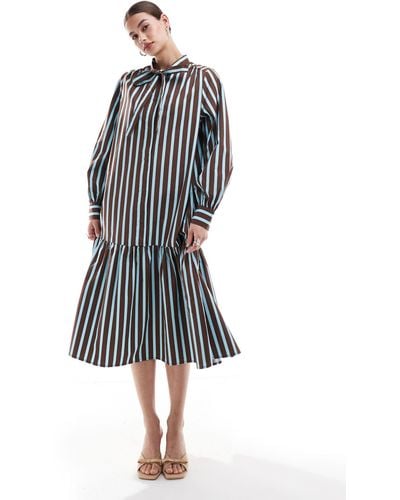 Urban Revivo Striped Longline Bow Detail Midaxi Dress - Blue