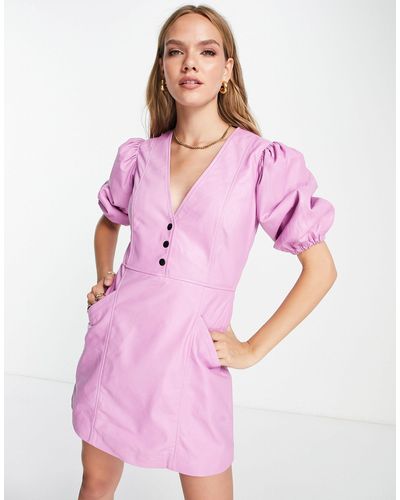 Muubaa Leather Puff Sleeve Mini Dress - Pink