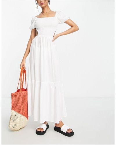 esmé studios Esmee Exclusive Puff Sleeve Beach Summer Maxi Dress With Shirring Detail - White