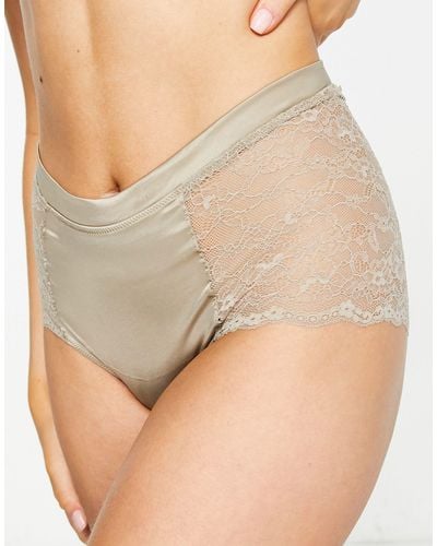 Monki Satin High Waisted Briefs With Lace Inserts - Natural