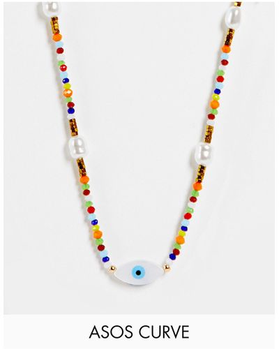 ASOS Curve Bead Necklace With Printed Eye Pearl Design - Blue