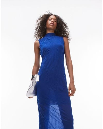 TOPSHOP Sleeveless Crinkle Midi Dress - Blue