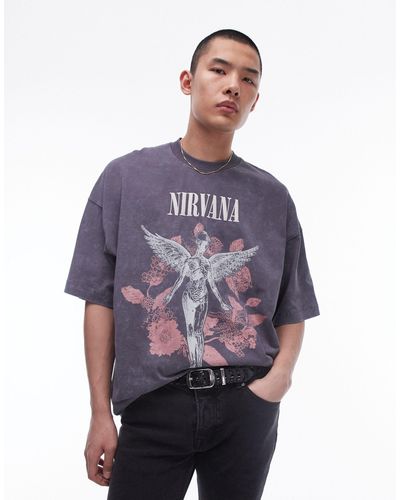 TOPMAN T-shirt ultra oversize avec imprimés ange et nirvana - délavé - Violet