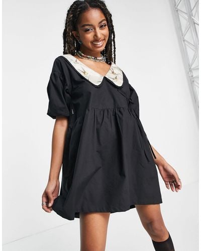 ZEMETA Puff Sleeve Mini Smock Dress With Cherub Collar - Black
