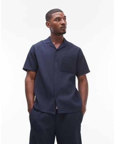 TOPMAN Short Sleeve Regular Fit Revere Plisse Shirt - Blue