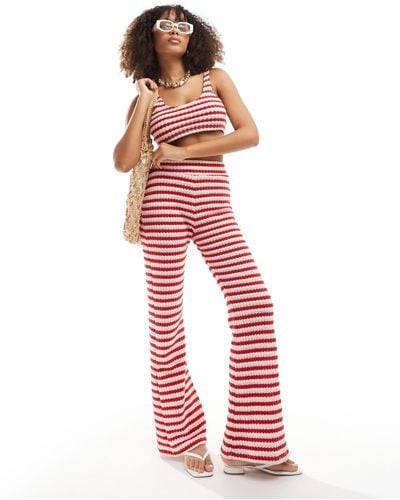 ASOS Crochet Texture Stripe Slim Wide Leg Trousers - Red