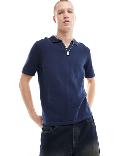 ASOS Knitted Midweight Cotton Notch Neck Polo - Blue
